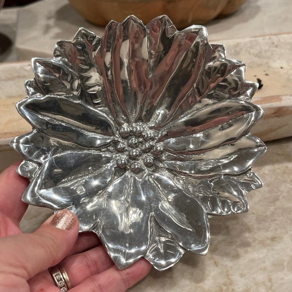 Holland Boone pewter aluminum poinsettia candy dish Christmas holiday winter